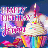 A festive animated GIF featuring a colorful cupcake with a single lit candle, sprinkles, and 'Happy Birthday Jorian' text against a sparkling, celebratory background.