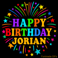 Vibrant animated GIF with 'Happy Birthday Jorian' in rainbow-colored text, surrounded by colorful stars and fireworks on a black background.