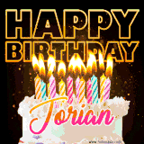 A vibrant animated GIF featuring a delicious birthday cake topped with glowing candles and the name 'Jorian' in elegant script, and the words 'Happy Birthday' on the black background.