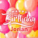 A vibrant birthday GIF featuring colorful balloons in shades of pink, yellow, and orange, with bold white and red text saying 'Happy Birthday Jorian.'