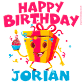 A funny animated birthday GIF with the words 'Happy Birthday Joriana', colorful gift box with arms and legs, holding a cupcake with a lit candle  with confetti everywhere.
