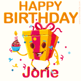 A vibrant and funny gift box character with a happy face dancing with a cupcake and the text 'Happy Birthday Jorie,' surrounded by animated confetti and party vibes.