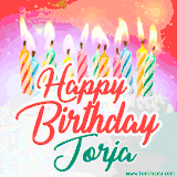 Bright birthday candles with rainbow flames on a cake, alongside the text 'Happy Birthday Jorja' in vibrant script in this celebratory animated GIF.