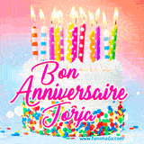 A white birthday cake covered in colorful sprinkles, topped with bright candles, and French text 'Bon Anniversaire Jorja' on a pastel gradient background in an animated GIF.