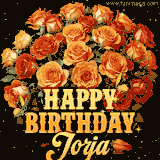 Animated bouquet of orange roses with moving butterfles and golden 'Happy Birthday Jorja' text, surrounded by sparkling accents and a dark backdrop for a luxurious feel.