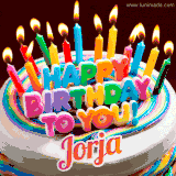 A colorful birthday cake topped with lit candles, with the words 'Happy Birthday Jorja' in bold glowing letters on a burgundy background. Animated flames add a festive touch.