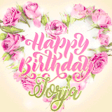 A stunning heart made of pink roses surrounds the elegant script text 'Happy Birthday Jorja' on a soft beige background. Animated sparkles add a magical and festive feel.