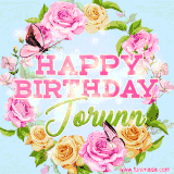 A charming animated GIF featuring 'Happy Birthday Jorunn' in pink and green text, surrounded by delicate roses, leaves, and fluttering butterflies on a soft light blue pastel background.