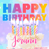 A vibrant animated name GIF with the words 'Happy Birthday Jorunn' with colorful candles on a creamy cake. The background sparkles with pastel shades, adding a festive touch.