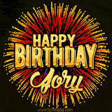 Golden 'Happy Birthday Jory' text accompanied by animated rainbow fireworks for a festive animated greeting.