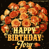 Animated bouquet of orange roses with moving butterfles and golden 'Happy Birthday Jory' text, surrounded by sparkling accents and a dark backdrop for a luxurious feel.
