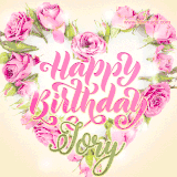 A stunning heart made of pink roses surrounds the elegant script text 'Happy Birthday Jory' on a soft beige background. Animated sparkles add a magical and festive feel.