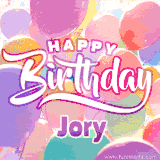 A vibrant name GIF featuring colorful balloons in shades of pink, orange, and yellow with the bold text 'Happy Birthday Jory' in festive fonts, creating a lively birthday vibe.
