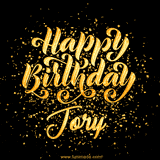 Animated GIF with colorful, festive 'Happy Birthday Jory' text decorated with patterns, a party hat, and falling confetti. A vibrant and cheerful design for birthday celebrations.