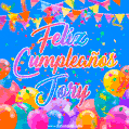 A vibrant animated GIF with 'Feliz Cumpleaños Jory' written in colorful script, surrounded by balloons, confetti, and bunting on a bright blue background.