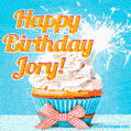 A cheerful animated GIF of a cupcake with creamy frosting, a red checkered ribbon, and a bright sparkler on top. The text 'Happy Birthday Jory!' is displayed in vibrant orange and red.