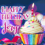 A festive animated GIF featuring a colorful cupcake with a single lit candle, sprinkles, and 'Happy Birthday Jory' text against a sparkling, celebratory background.