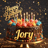 Cute chocolate cake animation with Jory's name, decorated with glowing birthday candles and multicolored icing.