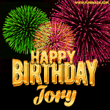 A captivating GIF with bursts of green, pink, and orange fireworks lighting up the night sky, accompanied by 'Happy Birthday Jory' in glowing golden text.