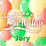 Animated GIF featuring colorful balloons in the background with the cheerful text 'Happy Birthday Jory'.