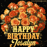 Animated bouquet of orange roses with moving butterfles and golden 'Happy Birthday Josalyn' text, surrounded by sparkling accents and a dark backdrop for a luxurious feel.