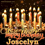 A glowing personalized birthday GIF with name Joscelyn featuring lit candles with intricate designs, warm lighting, and the text 'Happy Birthday' in an elegant font.
