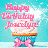 A festive cupcake with pink icing, a gingham bow, and a lit animated sparkler, paired with 'Happy Birthday Joscelyn!' in bright pink text.