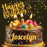 A delightful chocolate birthday cake with bright candles and 'Happy Birthday Joscelyn' written in gold amidst a shower of animated stars.