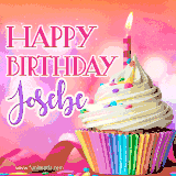 A vibrant birthday GIF featuring a rainbow-colored cupcake topped with white frosting, sprinkles, and a lit candle. The text reads 'Happy Birthday Josebe' in bold pink and violet letters with white outline.