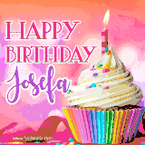 A vibrant birthday GIF featuring a rainbow-colored cupcake topped with white frosting, sprinkles, and a lit candle. The text reads 'Happy Birthday Josefa' in bold pink and violet letters with white outline.