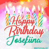 Bright birthday candles with rainbow flames on a cake, alongside the text 'Happy Birthday Josefiina' in vibrant script in this celebratory animated GIF.