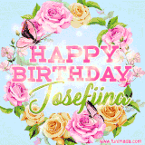 A charming animated GIF featuring 'Happy Birthday Josefiina' in pink and green text, surrounded by delicate roses, leaves, and fluttering butterflies on a soft light blue pastel background.