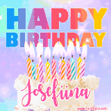 A vibrant animated name GIF with the words 'Happy Birthday Josefiina' with colorful candles on a creamy cake. The background sparkles with pastel shades, adding a festive touch.