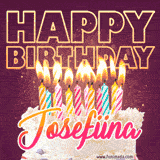 A colorful birthday cake topped with lit candles, with the words 'Happy Birthday Josefiina' in bold glowing letters on a burgundy background. Animated flames add a festive touch.