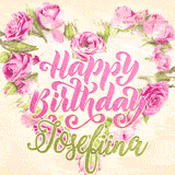 A stunning heart made of pink roses surrounds the elegant script text 'Happy Birthday Josefiina' on a soft beige background. Animated sparkles add a magical and festive feel.