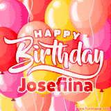 A vibrant name GIF featuring colorful balloons in shades of pink, orange, and yellow with the bold text 'Happy Birthday Josefiina' in festive fonts, creating a lively birthday vibe.
