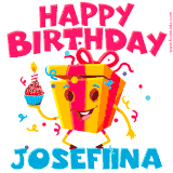 A vibrant and funny gift box character with a happy face dancing with a cupcake and the text 'Happy Birthday Josefiina,' surrounded by animated confetti and party vibes.