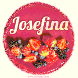 Beautifully decorated red velvet berry birthday cake with vibrant fruits and a glowing 'Josefina' name, adding a touch of sweetness and sparkle.
