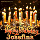 A glowing personalized birthday GIF with name Josefina featuring lit candles with intricate designs, warm lighting, and the text 'Happy Birthday' in an elegant font.