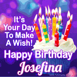 A colorful birthday GIF for Josefina featuring a cupcake with vibrant lit candles and the text 'It's Your Day to Make a Wish! Happy Birthday Josefina' in bold letters on a festive purple background.