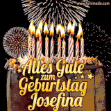 A chocolate birthday cake with glowing candles, the German text 'Alles Gute zum Geburtstag Josefina,' and vibrant fireworks lighting up the background in an animated GIF.