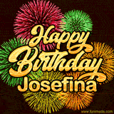 Golden text reading 'Happy Birthday Josefina' surrounded by vibrant fireworks in red, green, and yellow, set against a dark background in this celebratory birthday GIF.