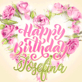 A stunning heart made of pink roses surrounds the elegant script text 'Happy Birthday Josefina' on a soft beige background. Animated sparkles add a magical and festive feel.