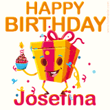 A vibrant and funny gift box character with a happy face dancing with a cupcake and the text 'Happy Birthday Josefina,' surrounded by animated confetti and party vibes.
