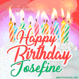 Bright birthday candles with rainbow flames on a cake, alongside the text 'Happy Birthday Josefine' in vibrant script in this celebratory animated GIF.