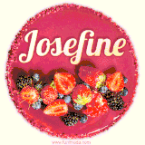 Beautifully decorated red velvet berry birthday cake with vibrant fruits and a glowing 'Josefine' name, adding a touch of sweetness and sparkle.