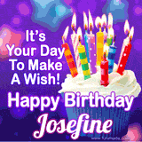 A colorful birthday GIF for Josefine featuring a cupcake with vibrant lit candles and the text 'It's Your Day to Make a Wish! Happy Birthday Josefine' in bold letters on a festive purple background.