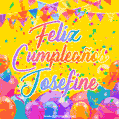 A bright and festive GIF with the text 'Feliz Cumpleaños Josefine' in Spanish in colorful fonts, surrounded by confetti, balloons, and festive banners on a vibrant yellow background.
