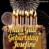 A chocolate birthday cake with glowing candles, the German text 'Alles Gute zum Geburtstag Josefine,' and vibrant fireworks lighting up the background in an animated GIF.