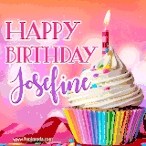 A vibrant birthday GIF featuring a rainbow-colored cupcake topped with white frosting, sprinkles, and a lit candle. The text reads 'Happy Birthday Josefine' in bold pink and violet letters with white outline.
